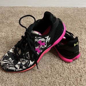 Pink and orange under armour tennis shoes